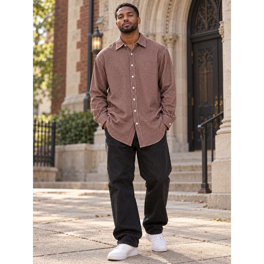 Psalm 91 Scripture Shirt Mens L Brown Christian Streetwear Long Sleeve Button Up